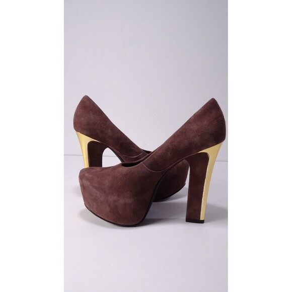 THEYSKENS' THEORY Women's ELYSE Platform Brown Gold High Pumps Sz 37 NWOB 989 - Picture 1 of 16